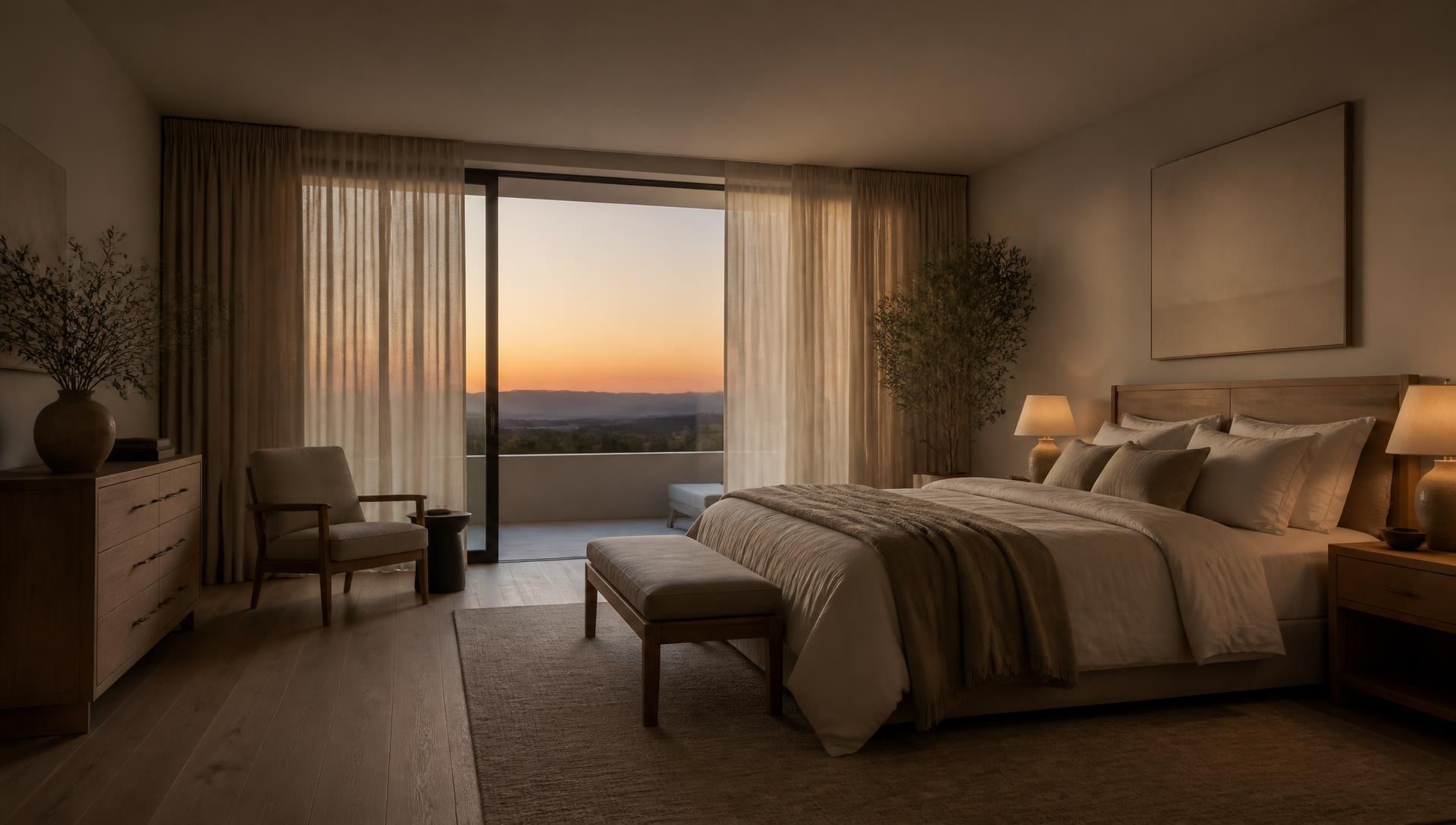 Quarto ao entardecer com edredom sobre a cama
