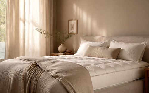 Quarto sereno com a cama arrumada em luz natural